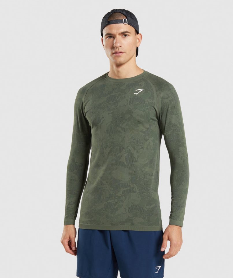 Men\'s Gymshark Geo Seamless Long Sleeve T-Shirts Olive | CA 810D75